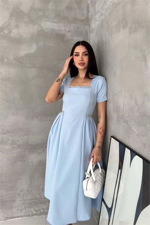 Kadın mavi kare yaka taş detaylı etek drapeli midi boy elbise ---- DPK4621