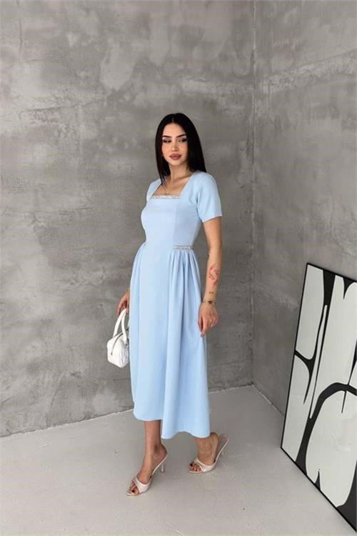 Kadın mavi kare yaka taş detaylı etek drapeli midi boy elbise ---- DPK4621