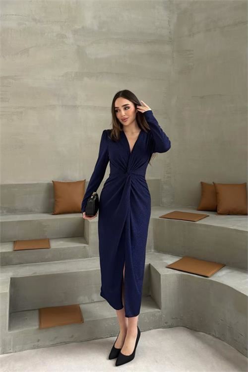 Kadın mavi anvelop büzgülü simli premium midi elbise DPELB08