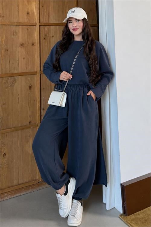 Kadın lacivert asimetrik tunik pantolon oversize tesnsel tesettür takım NMS104