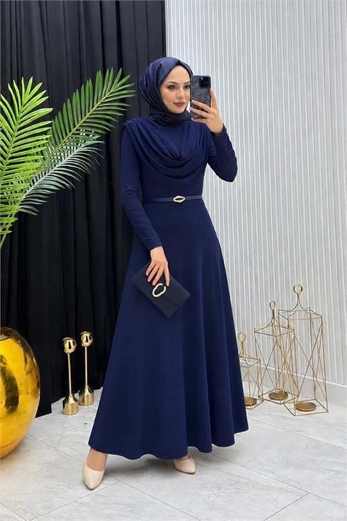 Kadın lacivert sandy kumaş degaje yaka kemer detaylı tesettür elbise---- NMS096