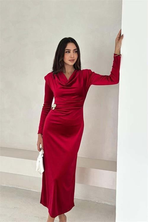 Kadın taş detaylı kadife uzun kollu elbise DPK4371