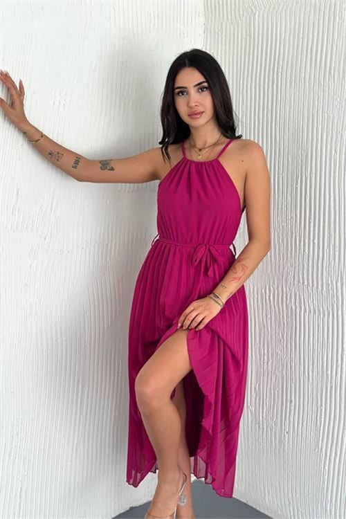 kadın kuşaklı midi boy askılı şifon elbise DPK4207