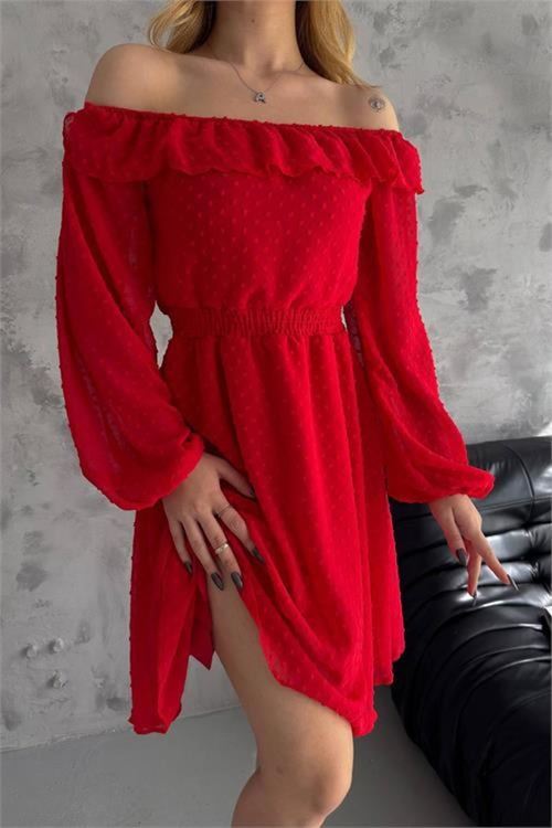 Dipmoda kadın kırmızı madonna yaka mini ponpon şifon elbise DPK2057
