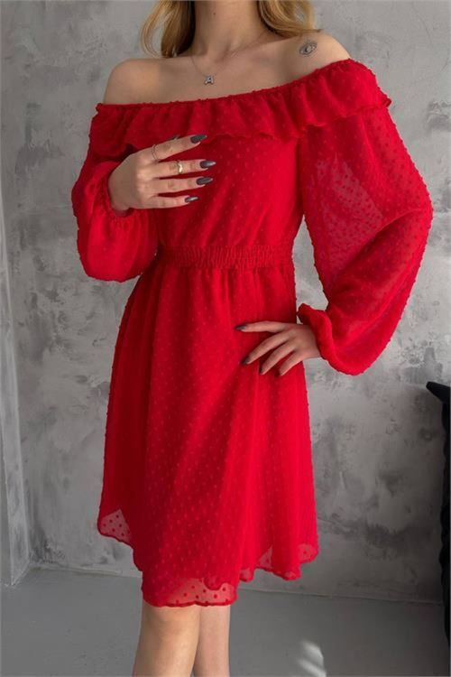 Dipmoda kadın kırmızı madonna yaka mini ponpon şifon elbise DPK2057
