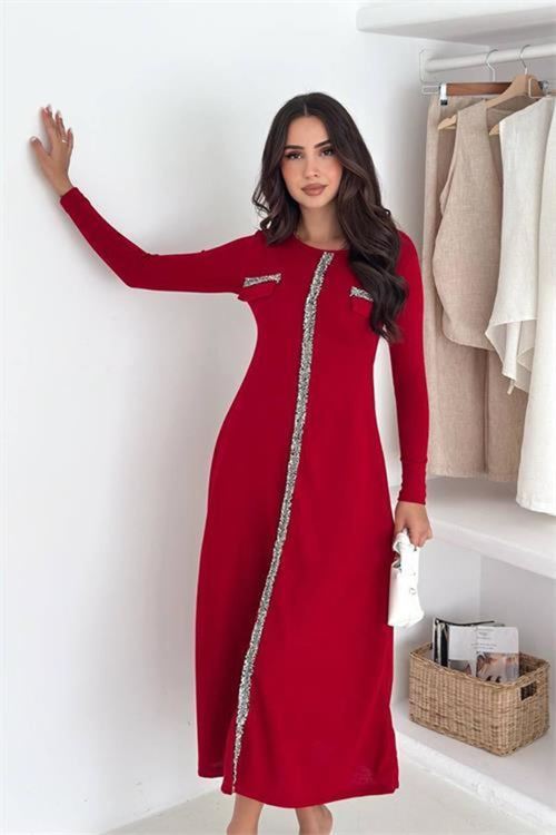 Kırmızı taş şerit detaylı uzun kol midi boy günlük kadın elbise DPK4343