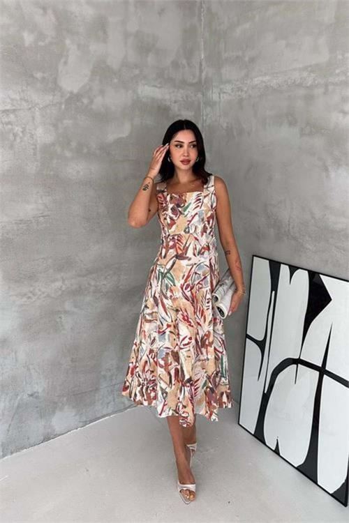 Kadın kırmızı kare yaka çiçek desenli kolsuz beli oturan midi elbise DPK4670