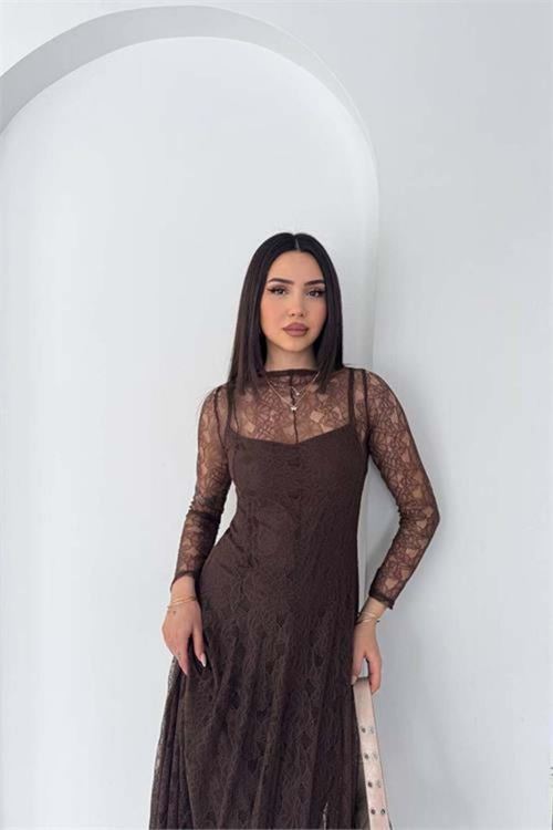 Kadın kahverengi midi boy transparan detaylı astarlı dantel elbise DPK080