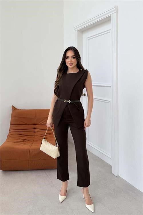 Kadın kahverengi omuz düğme detaylı kolsuz blazer pantolon takım ---DPTKM4061