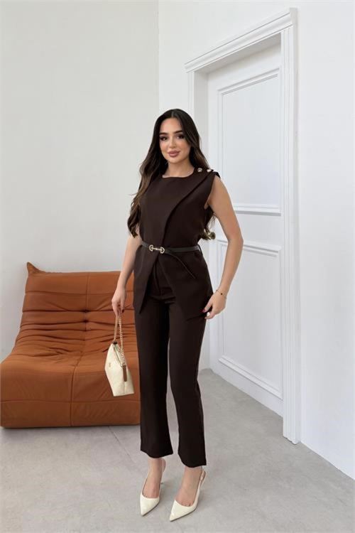Kadın kahverengi omuz düğme detaylı kolsuz blazer pantolon takım ---DPTKM4061