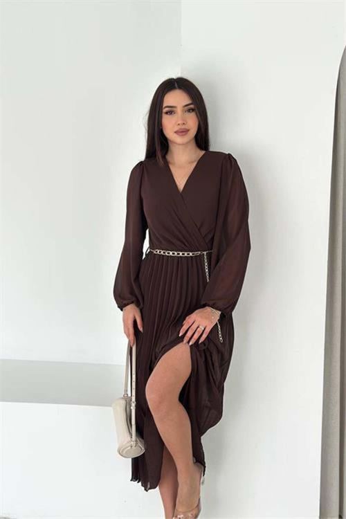 kadın kahverengi kruvaze yaka piliseli midi boy şifon elbise