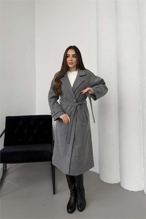 Kadın premium kuşaklı reglan kol düğmeli antrasit kaşe kaban DPKBN01