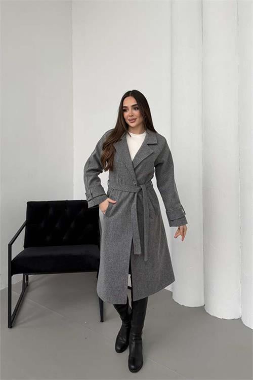 Kadın premium kuşaklı reglan kol düğmeli antrasit kaşe kaban DPKBN01