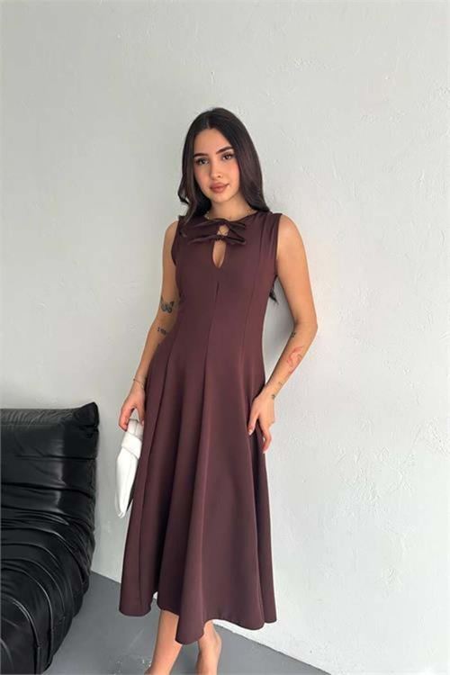 Dipmoda kadın sıfır kol fiyonk detaylı likralı elbise DPK4191
