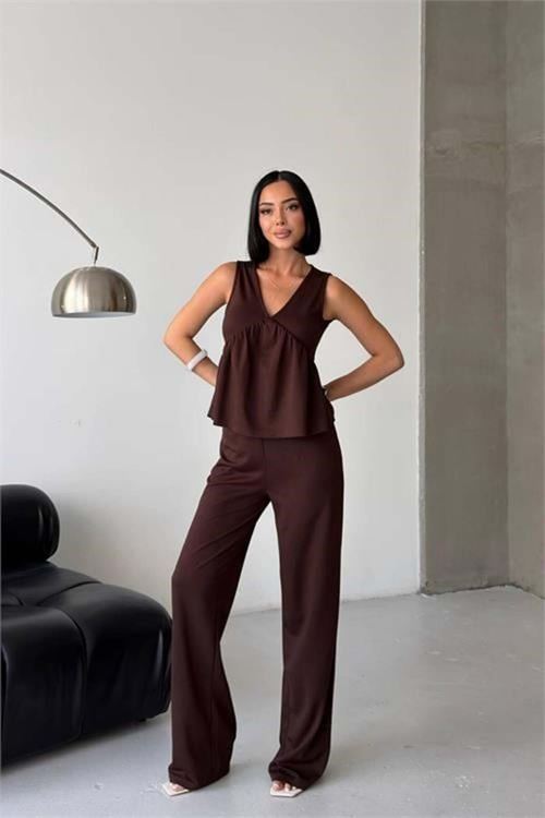 Kadın kahverengi modal kumaş volanlı atlet geniş paça pantolon yazlık ikili takım DPG132