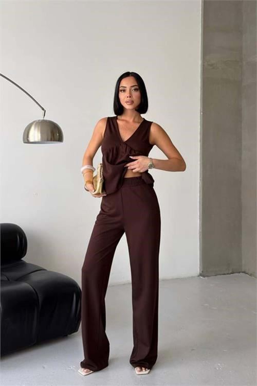 Kadın kahverengi modal kumaş volanlı atlet geniş paça pantolon yazlık ikili takım DPG132