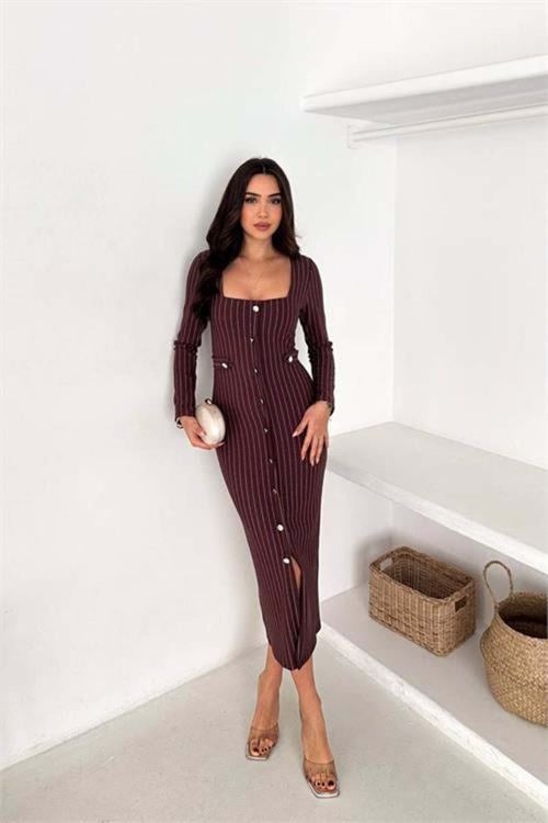 Kadın çizgili desen kare yaka midi boy düğme detaylı elbise DPK069