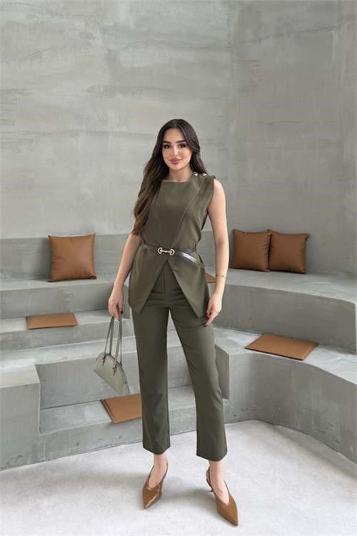 Kadın haki omuz düğme detaylı kolsuz blazer pantolon takım ---DPTKM4061