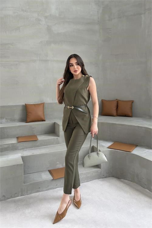 Kadın haki omuz düğme detaylı kolsuz blazer pantolon takım ---DPTKM4061