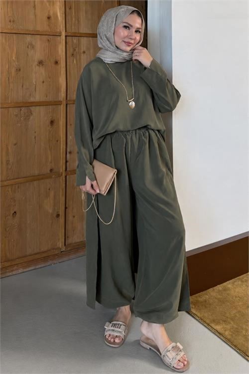Kadın haki asimetrik tunik pantolon oversize tesnsel tesettür takım NMS104