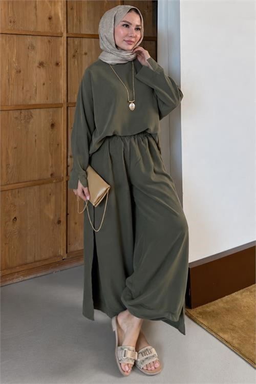 Kadın haki asimetrik tunik pantolon oversize tesnsel tesettür takım NMS104