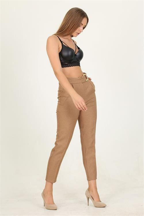 kadın camel metal kemerli cepli ofis pantolon DPQNS028
