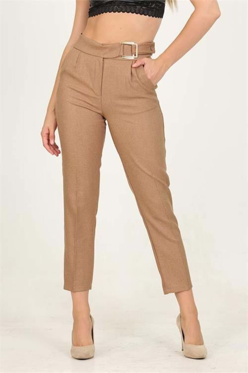 kadın camel metal kemerli cepli ofis pantolon DPQNS028