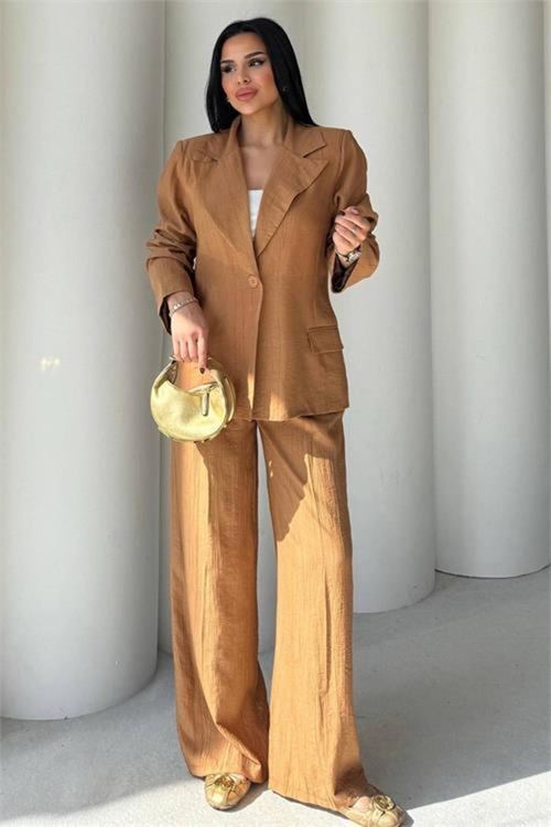 Kadın camel oversize tek düğmeli blazer ceket pantolon takım DPSTR4085