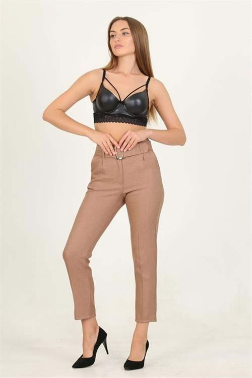 kadın camel kemerli yüksek bel havuç pantolon DPQNS033
