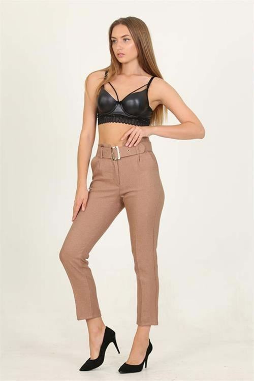 kadın camel kemerli yüksek bel havuç pantolon DPQNS033