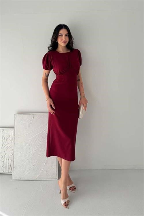 Kadın bordo midi boy büzgü detaylı balon kol dar kesim elbise DPK4574