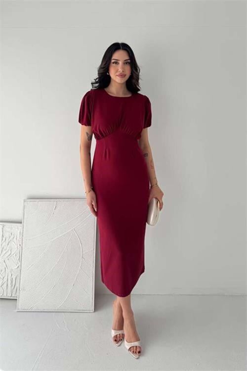 Kadın bordo midi boy büzgü detaylı balon kol dar kesim elbise DPK4574
