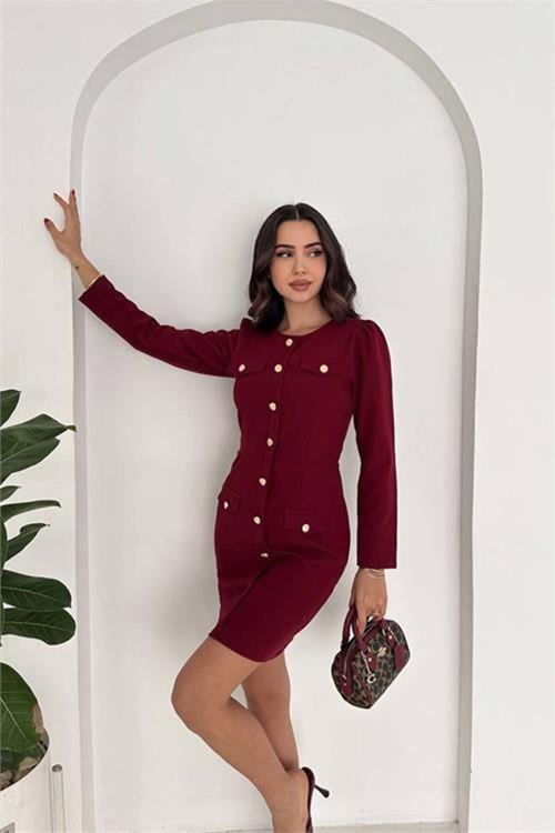 Kadın double kumaş düğmeli uzun kol mini elbise DPK4388