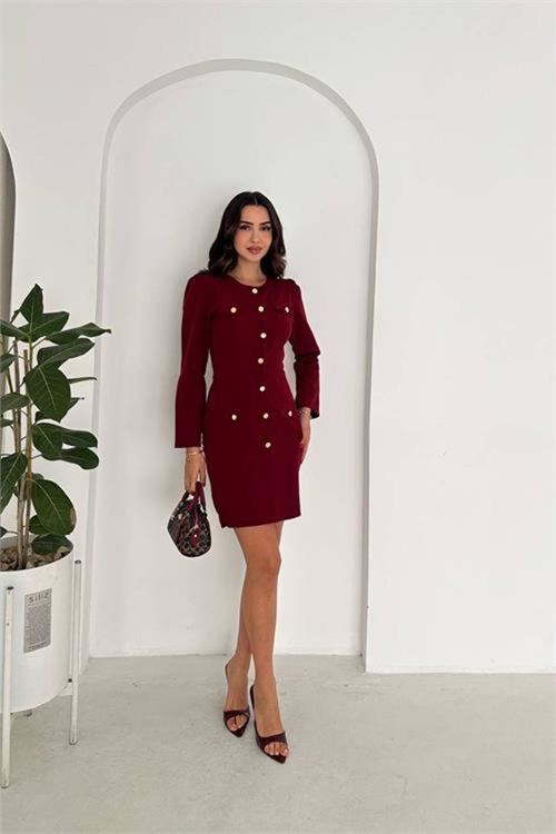 Kadın double kumaş düğmeli uzun kol mini elbise DPK4388
