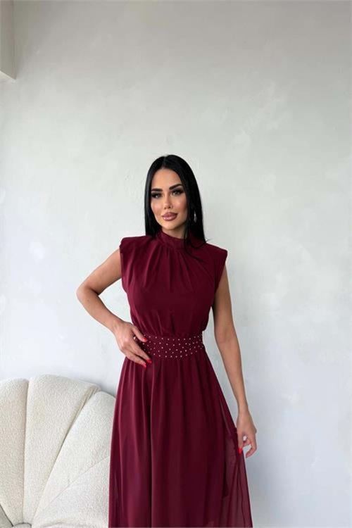 kadın kuşağı taş detaylı midi şifon elbise DPMY3509