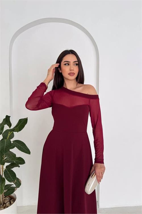 Kadın bordo transparan detaylı tek omuz uzun kollu midi boy elbise