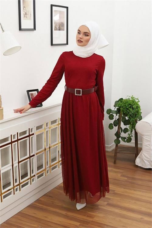kadın tül kemerli tesettür elbise DPRSSN45 - Bordo