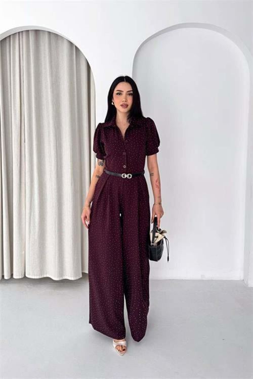 Kadın bordo kemer detaylı tam boy taşlı gömlek yaka tulum DPK4592