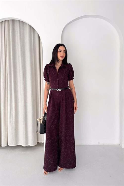 Kadın bordo kemer detaylı tam boy taşlı gömlek yaka tulum DPK4592