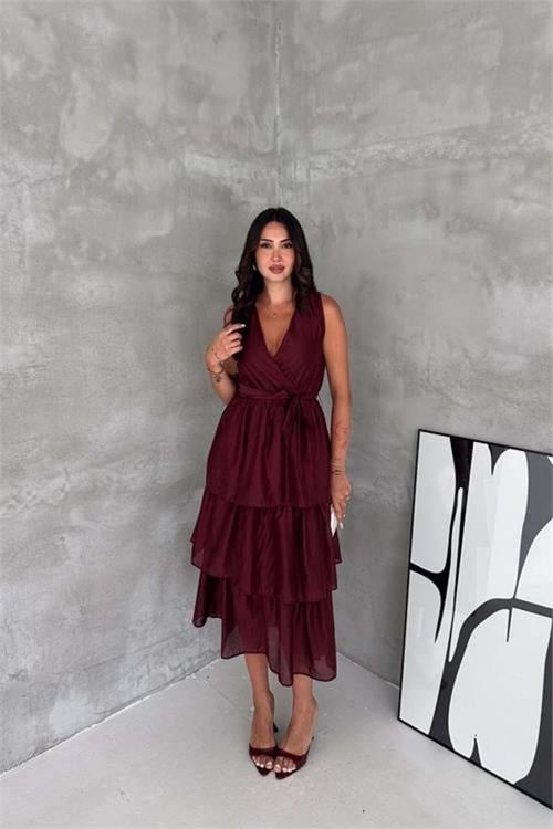 Kadın bordo kruvaze yaka kat kat kuşaklı midi boy elbise DPK4674