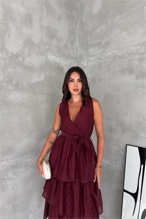 Kadın bordo kruvaze yaka kat kat kuşaklı midi boy elbise DPK4674