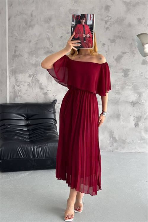 kadın madonna yaka piliseli şifon elbise DPK2099