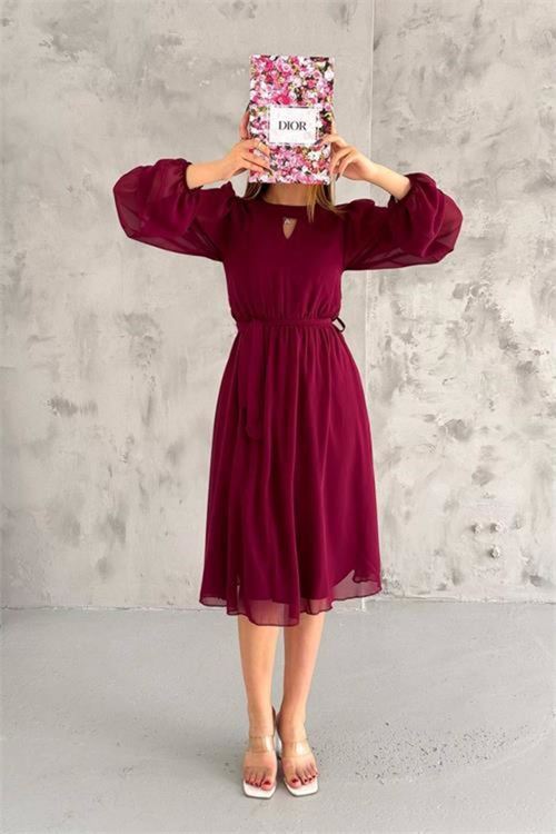 Dipmoda kadın bordo midi boy astarlı şifon elbise DPKKLF2027