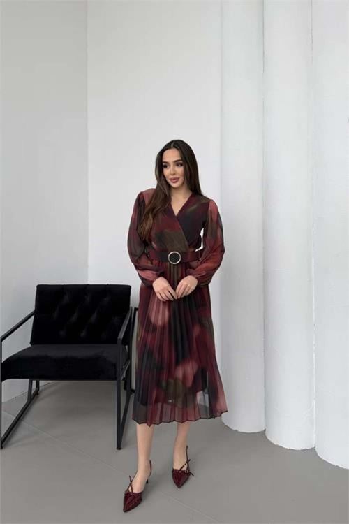 Kadın bordo piliseli kruvaze yaka Kemerli şifon elbise DPELB03