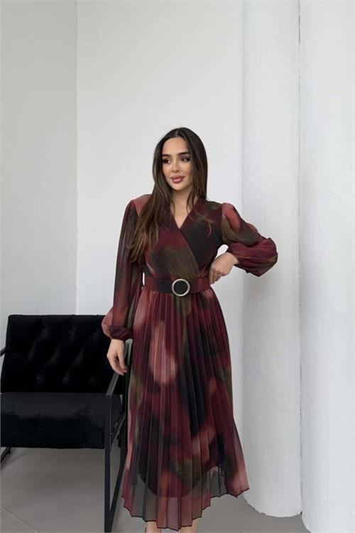 Kadın bordo piliseli kruvaze yaka Kemerli şifon elbise DPELB03