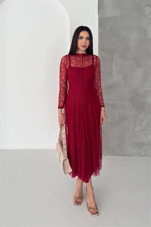 Kadın bordo midi boy transparan detaylı astarlı dantel elbise DPK080