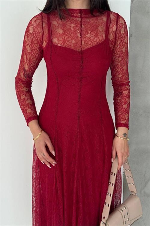 Kadın bordo midi boy transparan detaylı astarlı dantel elbise DPK080