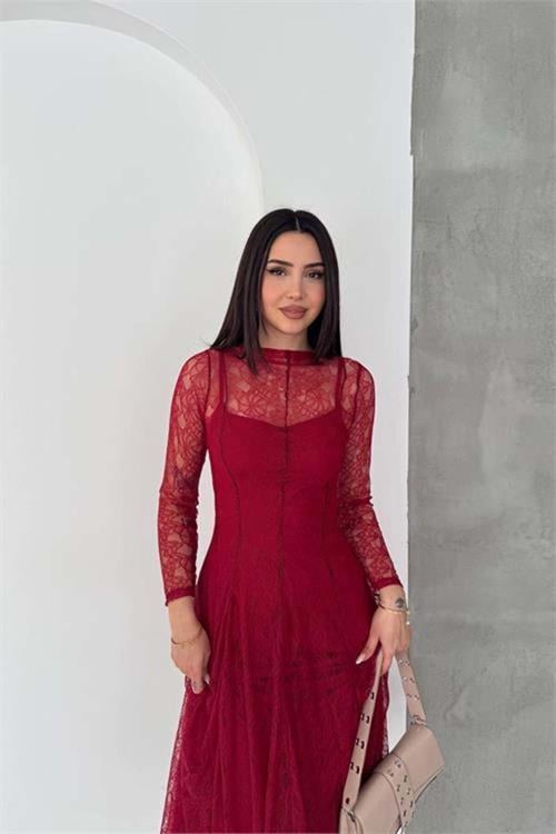 Kadın bordo midi boy transparan detaylı astarlı dantel elbise DPK080