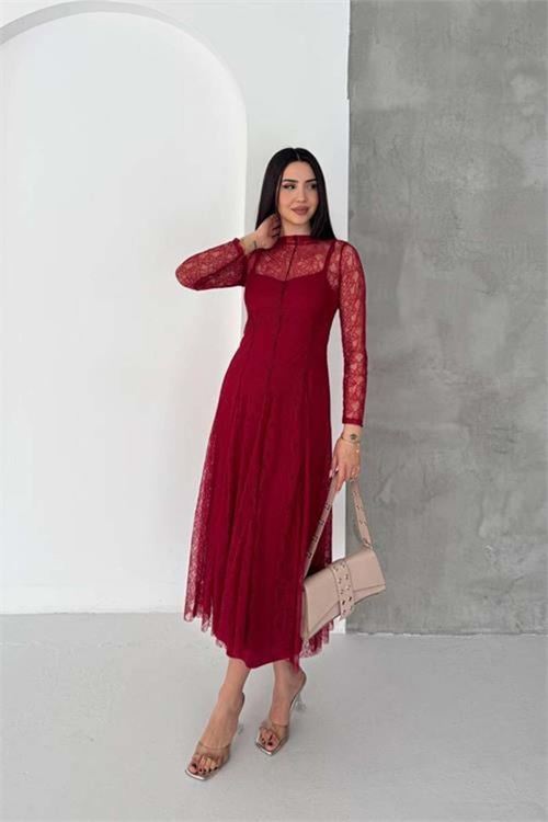 Kadın bordo midi boy transparan detaylı astarlı dantel elbise DPK080