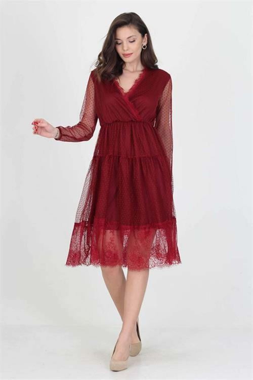 Neseli butik kruvaze yaka eteği güpür detaylı yeni sezon elbise DP0010